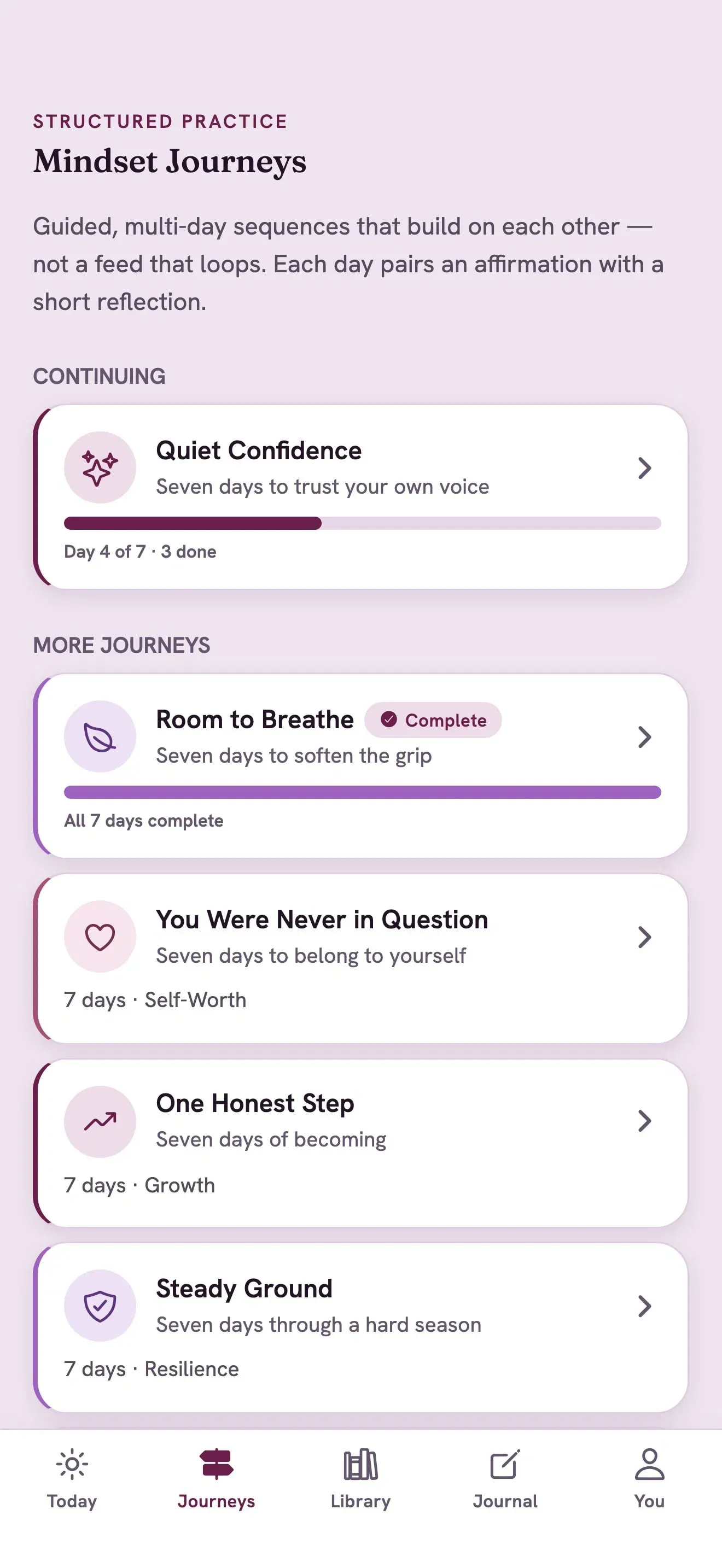 MindsetIQ Journeys screen showing guided personal growth journeys